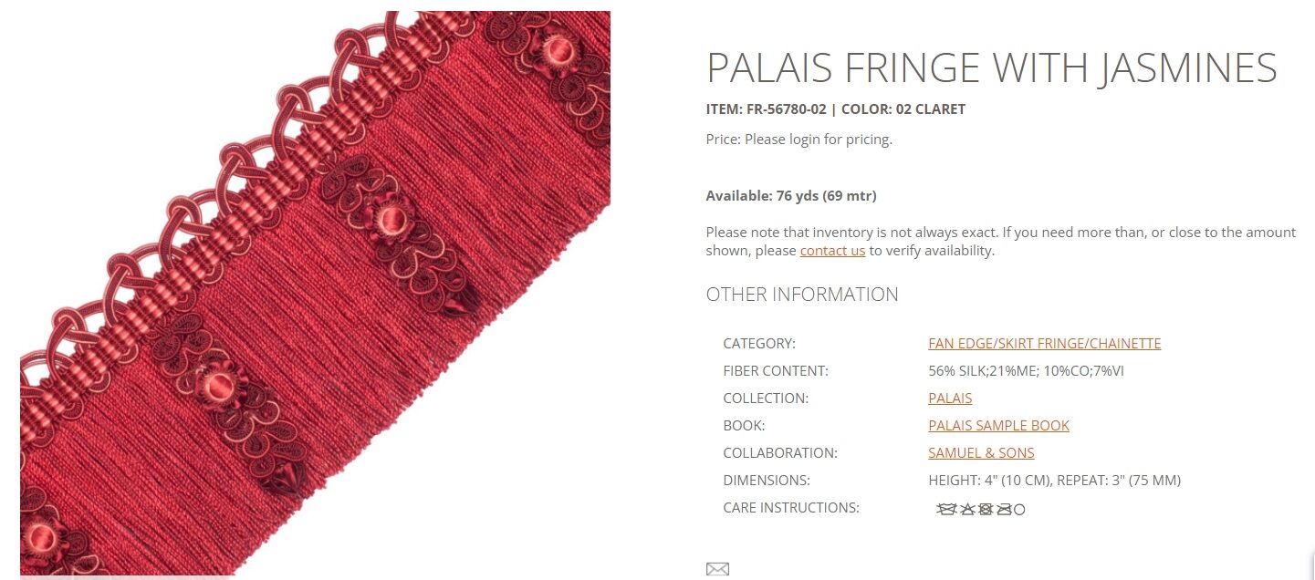 Samuel &amp; Sons Palais PALAIS FRINGE WITH JASMINES Trim Silk MSRP USD 440/Y Special order