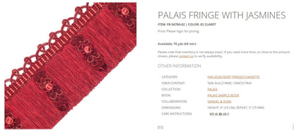 Samuel &amp; Sons Palais PALAIS FRINGE WITH JASMINES Trim Silk MSRP USD 440/Y Special order