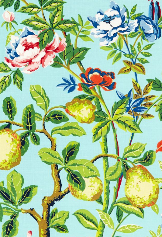 Scalamandre  Shantung Garden Print Linen Shantung Garden Cotton Print Aquamarine