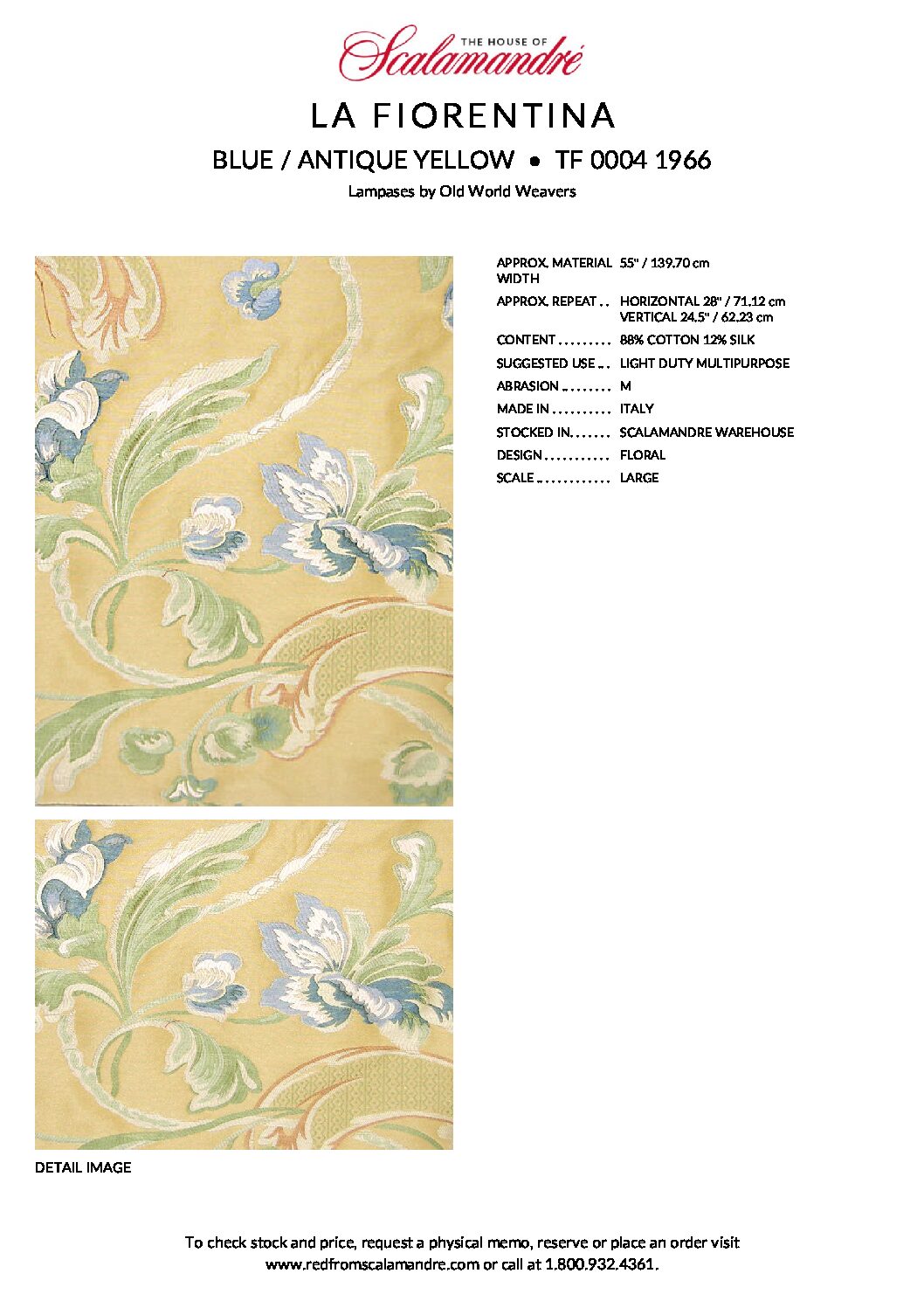 Scalamandre La Fiorentina Blue / Antique Yellow Lampases By Old World Weavers MSRP USD 456