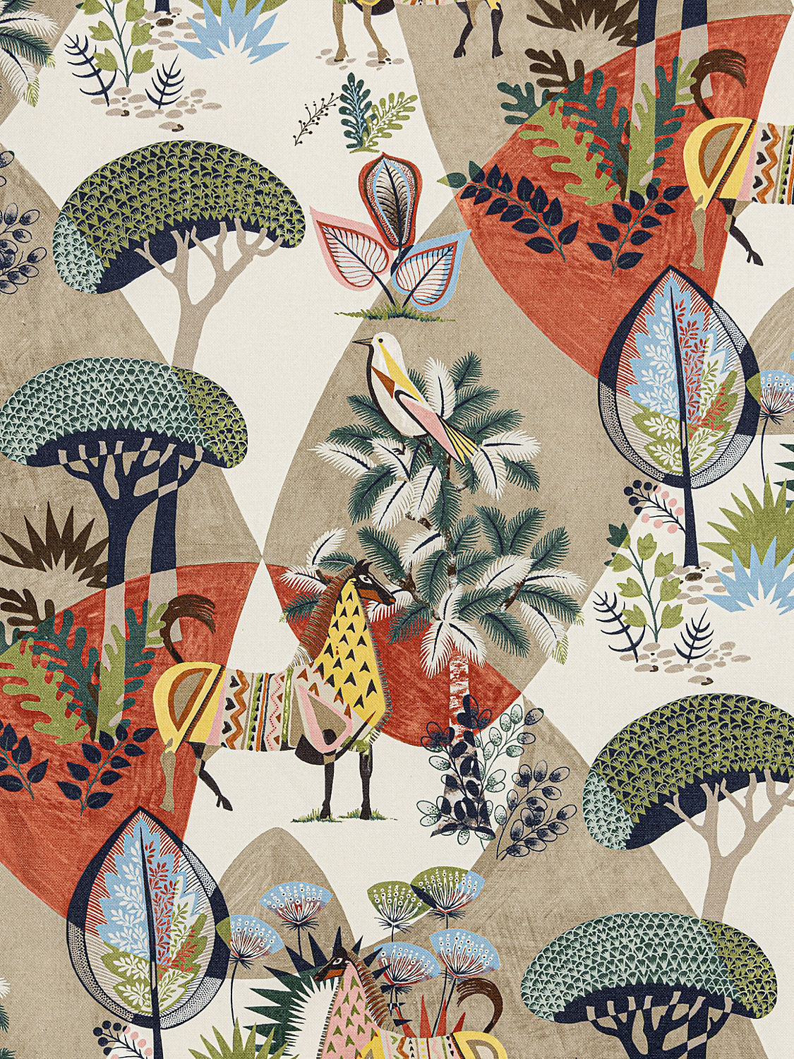 Scalamandre Llamas Red Tan Multi Bird Animal Printed Fabric-  Special Order