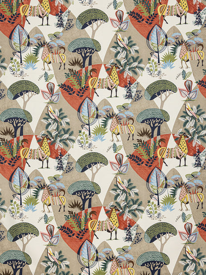 Scalamandre Llamas Red Tan Multi Bird Animal Printed Fabric-  Special Order