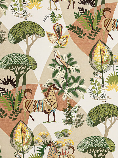 Scalamandre Llamas Leaf Terracotta Bird Animal Printed Fabric- Green -  Special Order