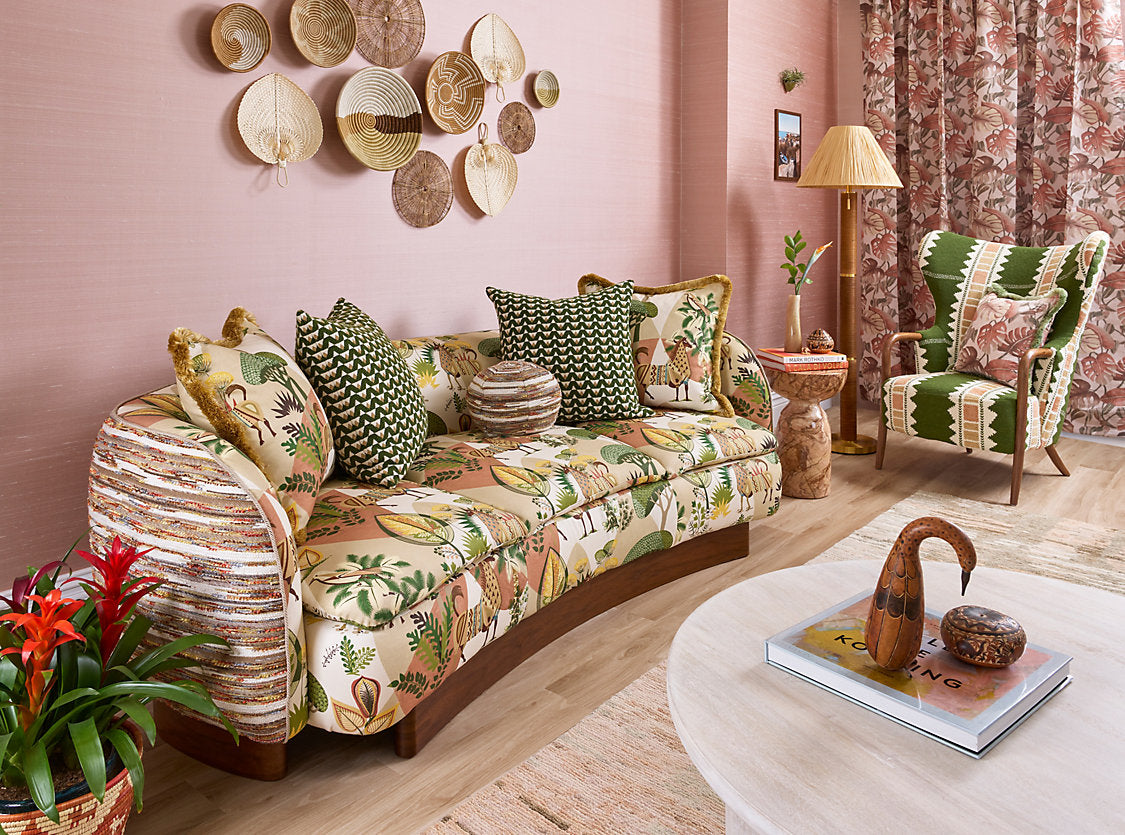 Scalamandre Llamas Leaf Terracotta Bird Animal Printed Fabric- Green -  Special Order