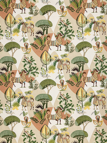 Scalamandre Llamas Leaf Terracotta Bird Animal Printed Fabric- Green -  Special Order