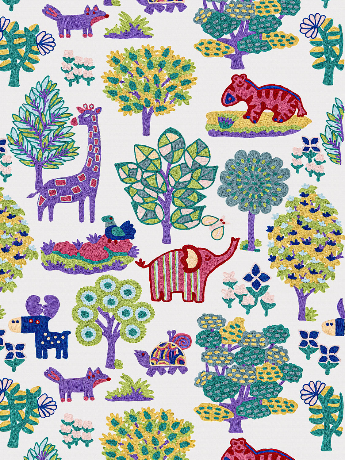 Scalamandre Nursery Crewel Pastels Novelty Embroidery Acrylic Fabric- White  - Special Order