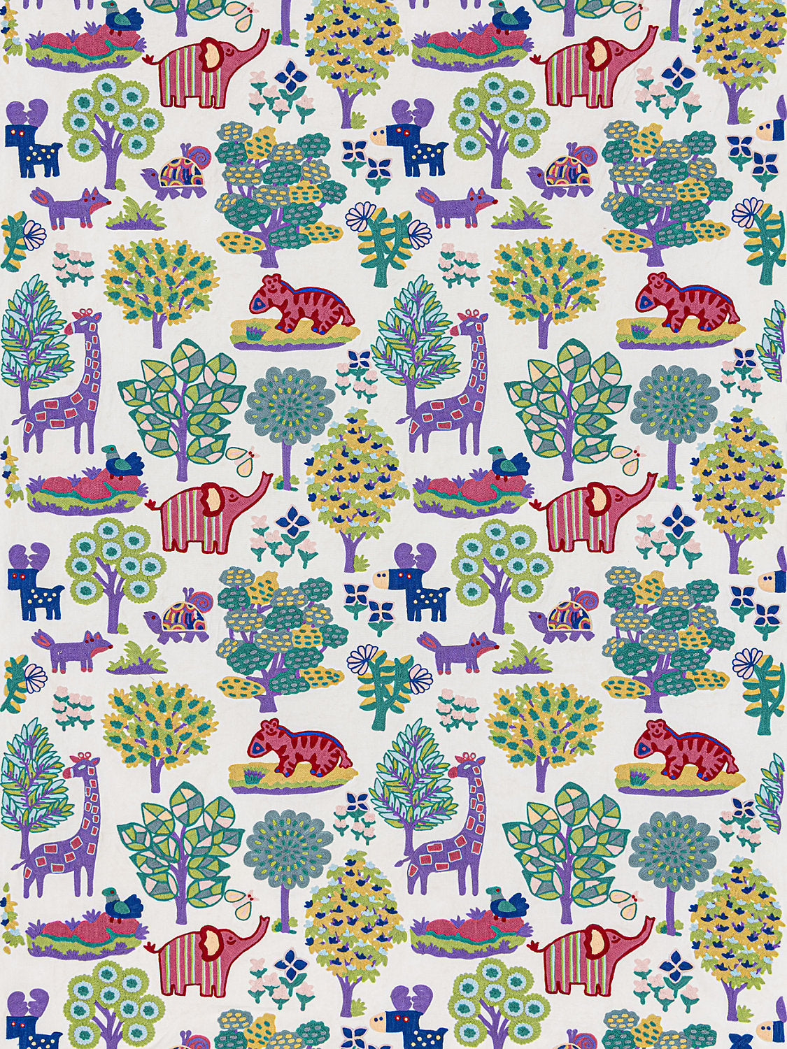 Scalamandre Nursery Crewel Pastels Novelty Embroidery Acrylic Fabric- White  - Special Order