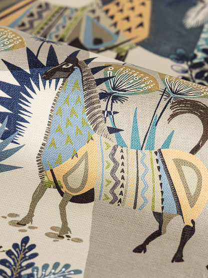 Scalamandre Llamas Bluestone Wheat Bird Animal Printed Fabric- Blue -  Special Order