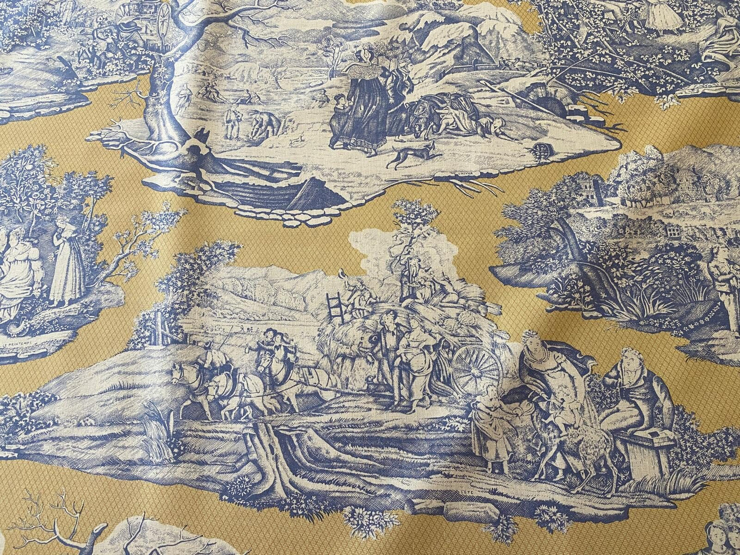 Scalamandre Four Seasons Toile Print Gold Blue English Country Historical Design MSRP USD236/Y