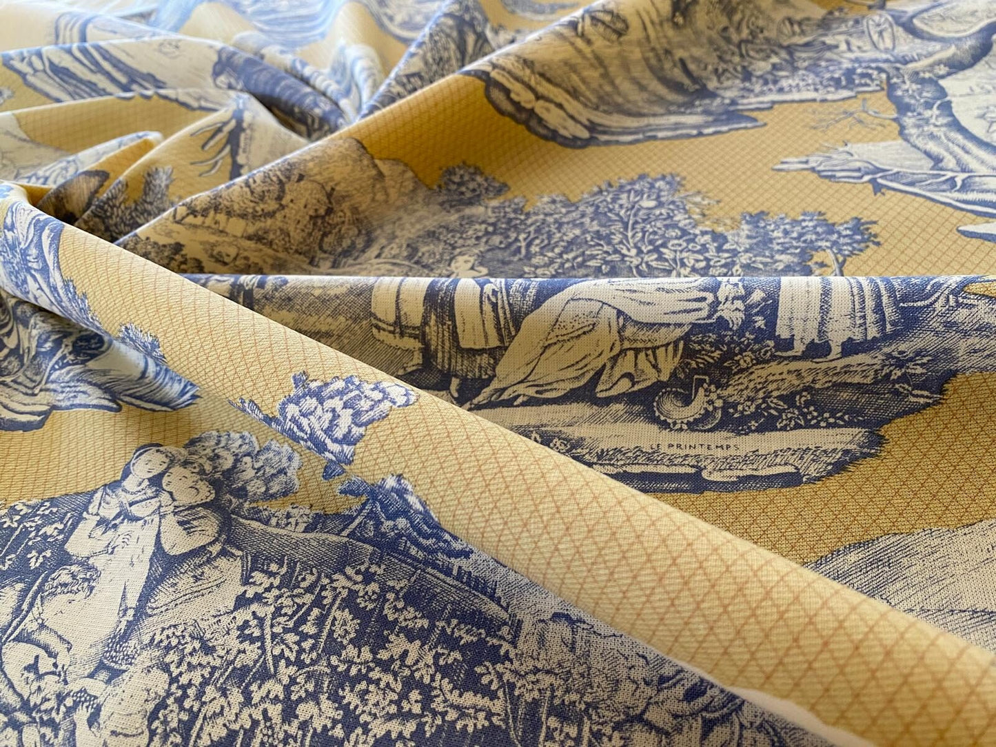 Scalamandre Four Seasons Toile Print Gold Blue English Country Historical Design MSRP USD236/Y