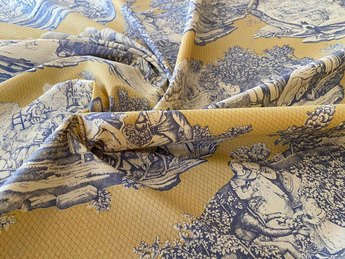 Scalamandre Four Seasons Toile Print Gold Blue English Country Historical Design MSRP USD236/Y