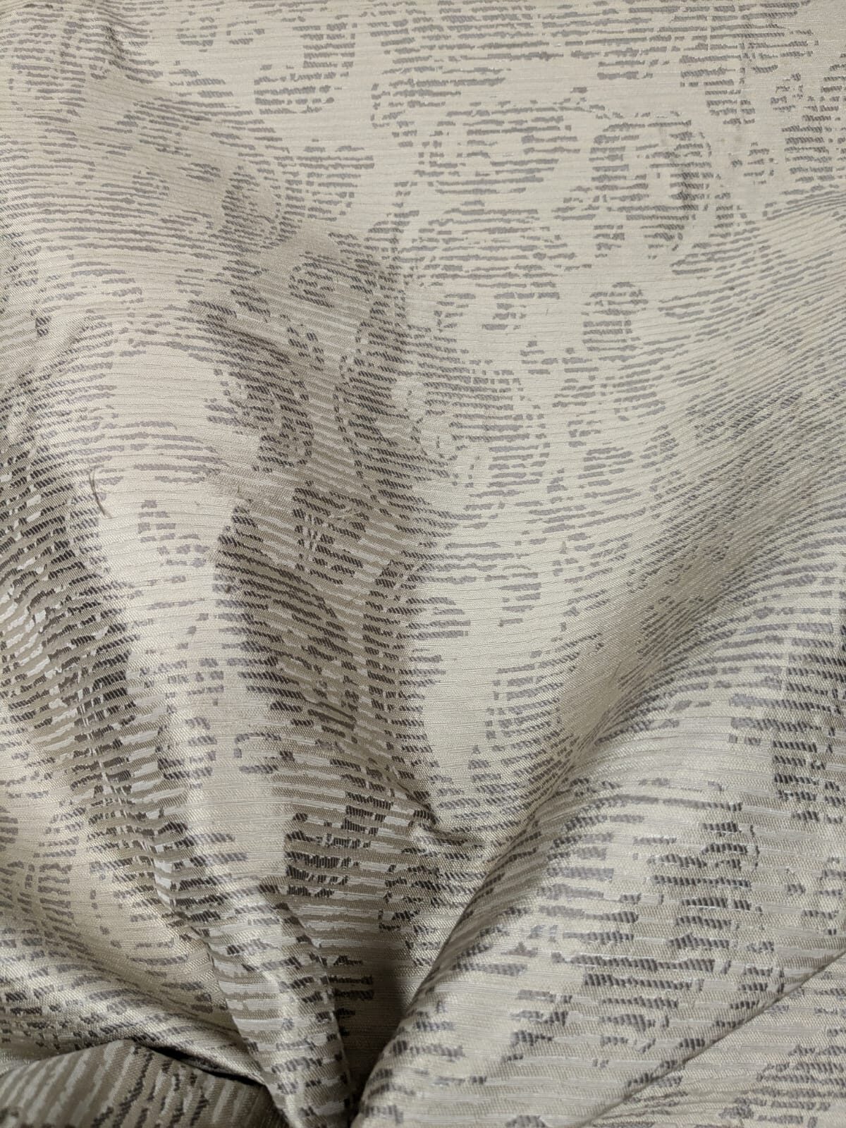 By Yard Filtered Sunray 100% Silk Damask Vine in Pin Stripe Paisley Pewter Tan Strie MSRP USD 275