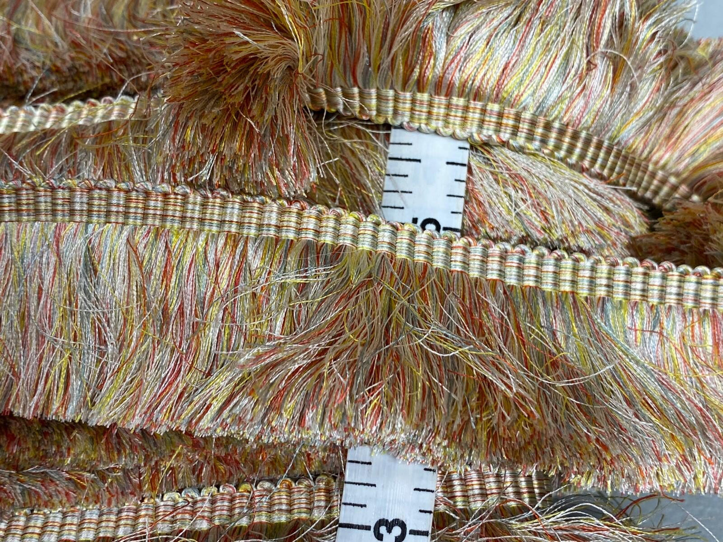 Scalamandre Effile Coupe  Cut Moss Fringe Silk Coral Red Yellow Pale Blue Trim MSRP USD 200+/y