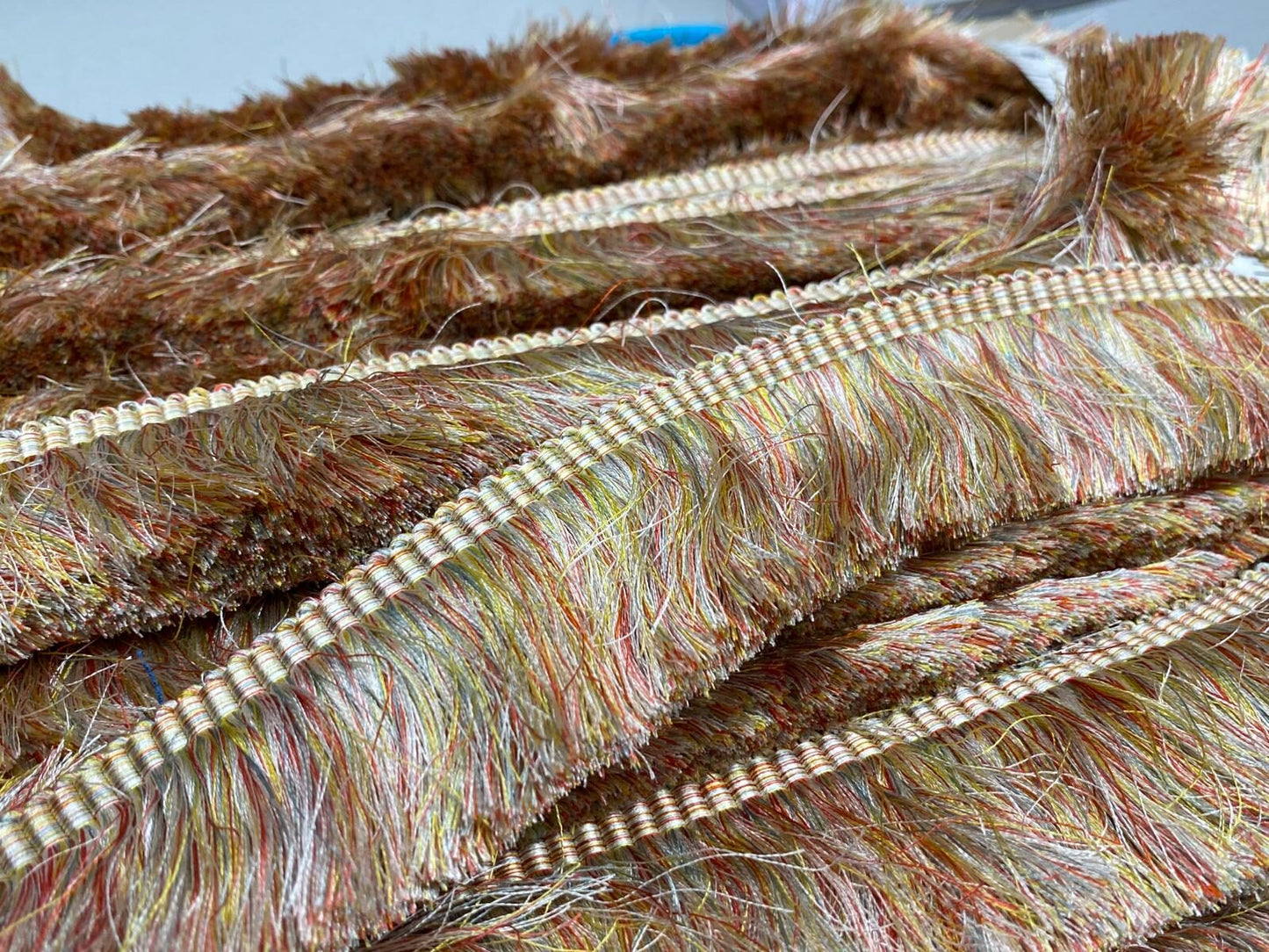 Scalamandre Effile Coupe  Cut Moss Fringe Silk Coral Red Yellow Pale Blue Trim MSRP USD 200+/y