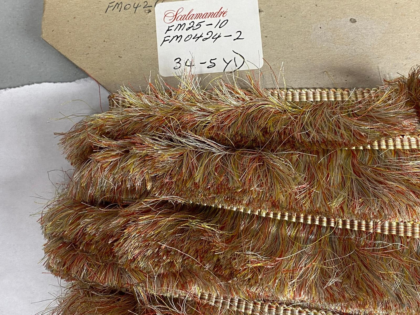 Scalamandre Effile Coupe  Cut Moss Fringe Silk Coral Red Yellow Pale Blue Trim MSRP USD 200+/y