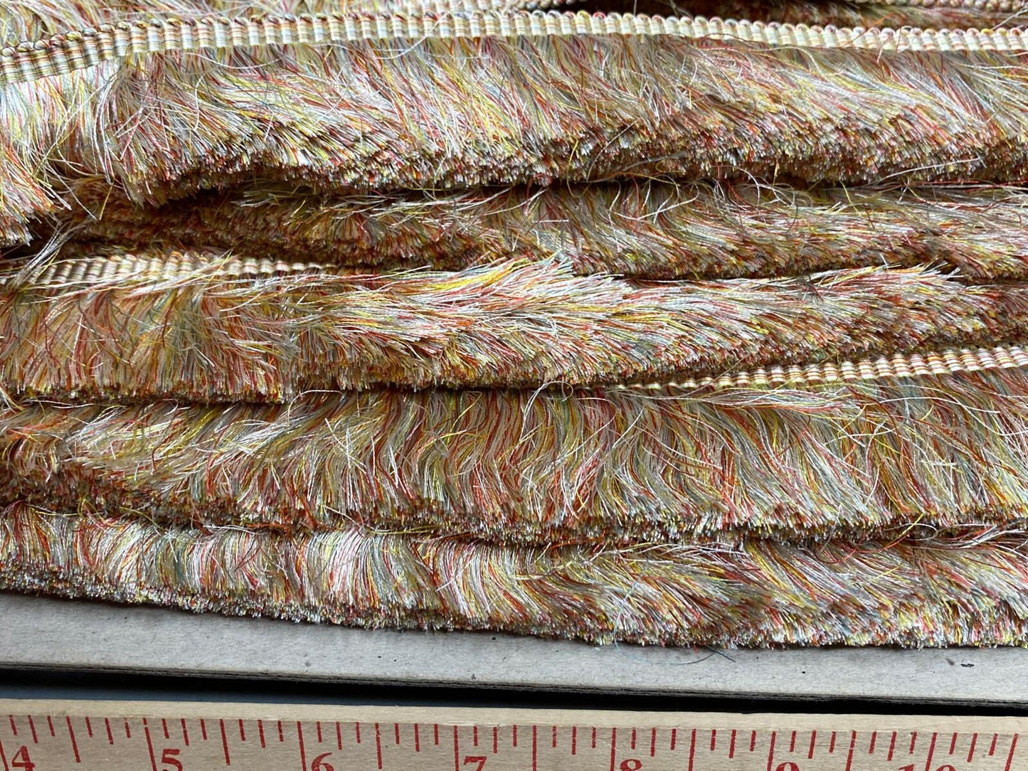 Scalamandre Effile Coupe  Cut Moss Fringe Silk Coral Red Yellow Pale Blue Trim MSRP USD 200+/y