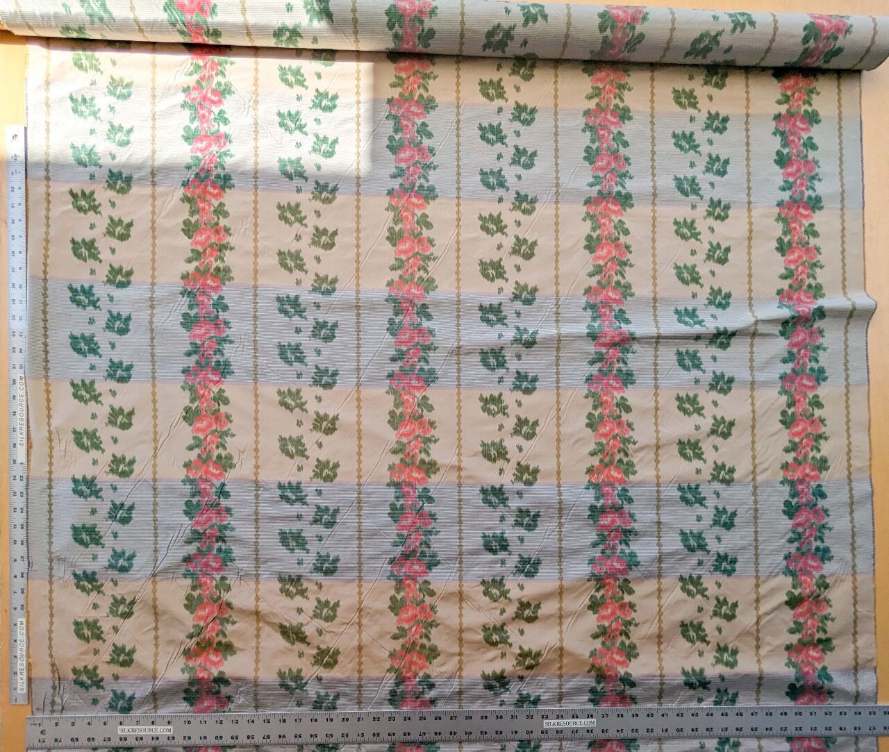 by yard Scalamandre Stripe Art Deco Floral Historical Green Red Light Beige Warp Print