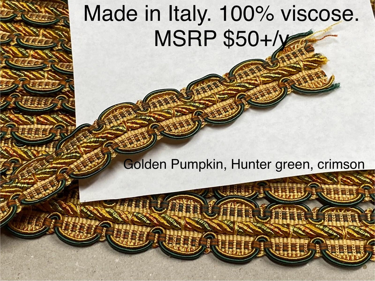 by yard HiEND Italian Tape Gimp Trim Emerald Green Orange Gold 100% Viscose Plastic6