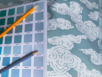 Lee Jofa G P&amp;J Baker Clouds Aqua Blue White Chinoiserie Reversible Damask Cotton MSRP USD 148/y