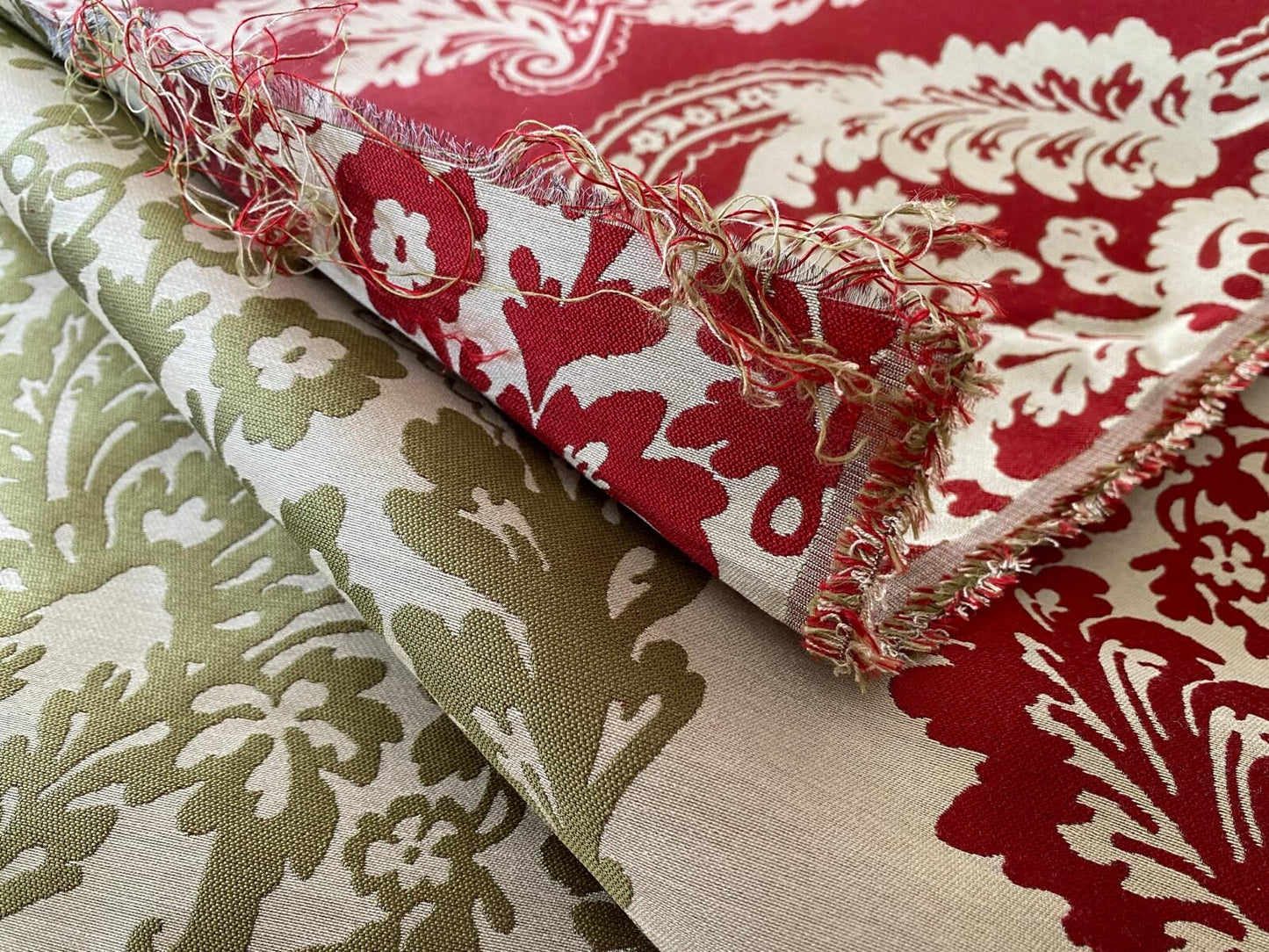by yard Lee Jofa Mulberry Home Staveley Damask Ruby Olive Green Red White Floral Stripe MSRP USD 196/y