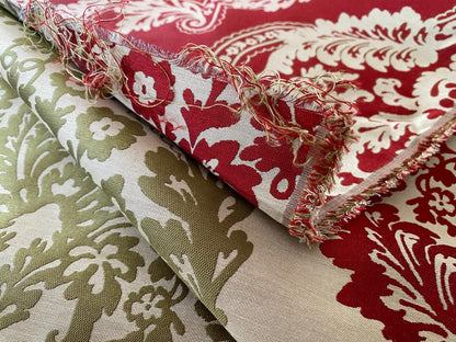 by yard Lee Jofa Mulberry Home Staveley Damask Ruby Olive Green Red White Floral Stripe MSRP USD 196/y