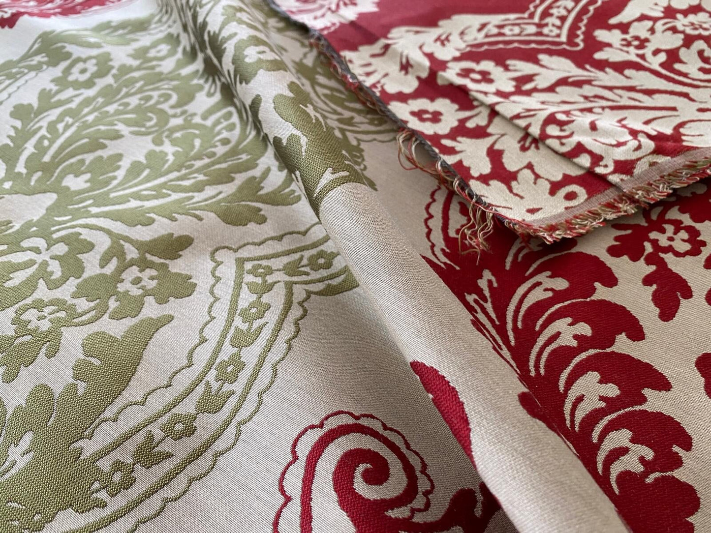 by yard Lee Jofa Mulberry Home Staveley Damask Ruby Olive Green Red White Floral Stripe MSRP USD 196/y