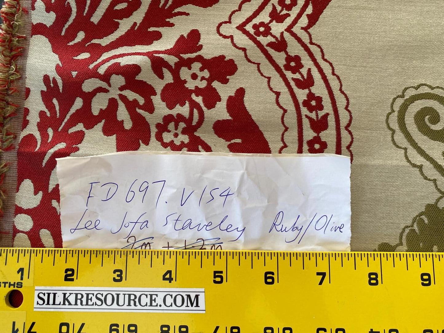 by yard Lee Jofa Mulberry Home Staveley Damask Ruby Olive Green Red White Floral Stripe MSRP USD 196/y