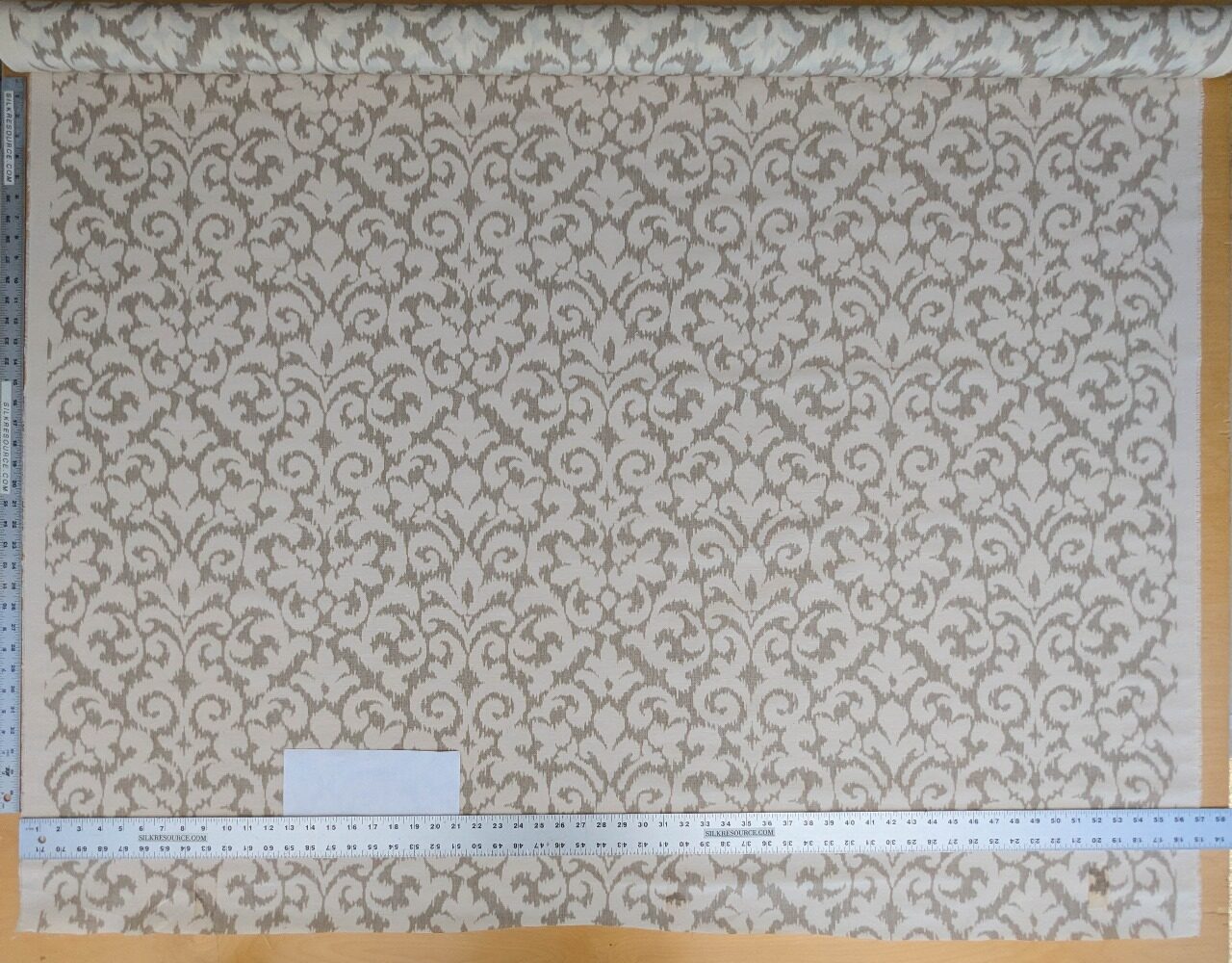 Scalamandre Swirl Beige  White Scroll Damask Ikat Linen Silk MSRP USD 372/y