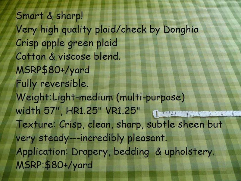 Smart! By Yard Donghia Apple Green Plaid Check Cotton&amp; Viscose Mid-Century MSRP USD 180/yard