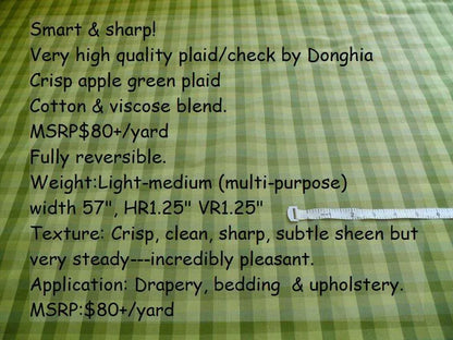 Smart! By Yard Donghia Apple Green Plaid Check Cotton&amp; Viscose Mid-Century MSRP USD 180/yard