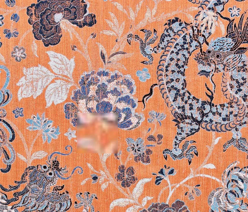 by yard Scalamandre Dragon Tableau Persimmon Blue Lampas Chinoiserie Orange MSRP USD 716/y