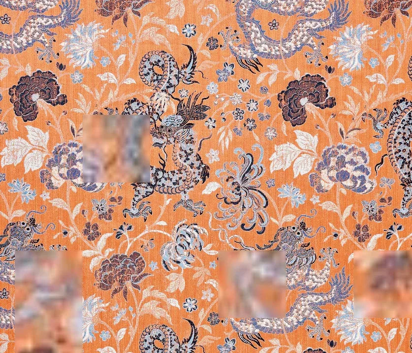 by yard Scalamandre Dragon Tableau Persimmon Blue Lampas Chinoiserie Orange MSRP USD 716/y