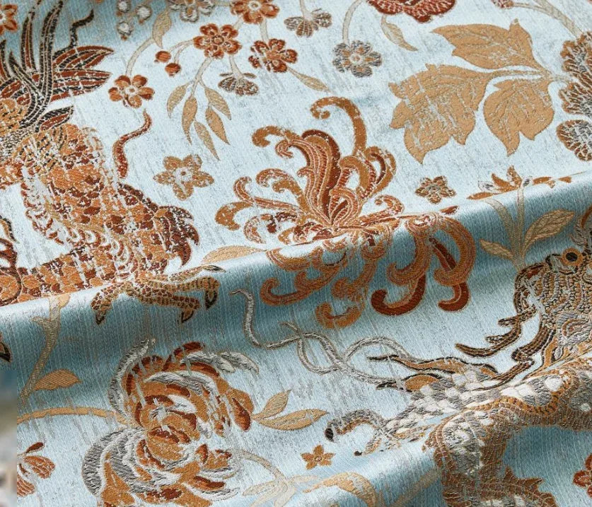 by yard Scalamandre Dragon Tableau, Copper Sky Lampas Chinoserie Blue MSRP USD 716/y