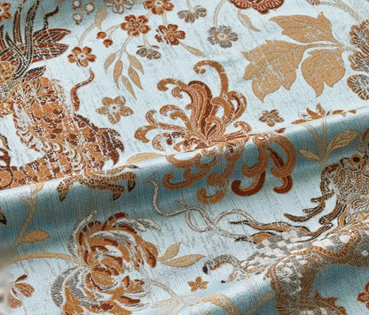 by yard Scalamandre Dragon Tableau, Copper Sky Lampas Chinoserie Blue MSRP USD 716/y