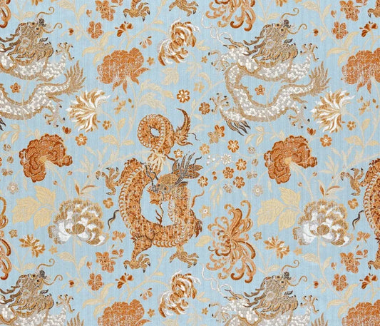 by yard Scalamandre Dragon Tableau, Copper Sky Lampas Chinoserie Blue MSRP USD 716/y