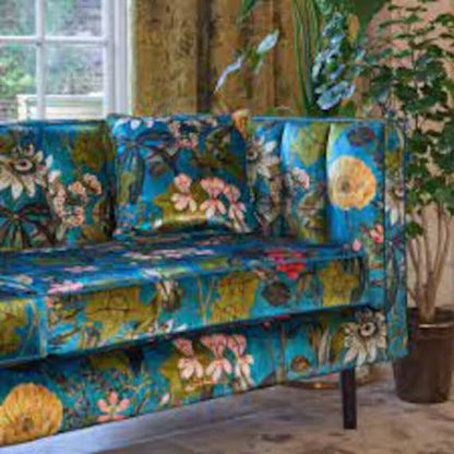 By Yard LEE JOFA KRAVET Passiflora Kingfisher Botanical Wildflowers Foliage Velvet Fabric Cyan Blue Multi