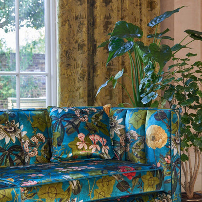 By Yard LEE JOFA KRAVET Passiflora Kingfisher Botanical Wildflowers Foliage Velvet Fabric Cyan Blue Multi
