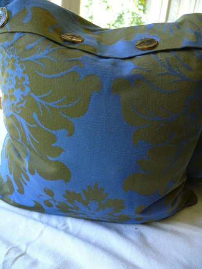 Ann Gish Designer 2 Pillows Damask Navy Blue Olive Gold 15X15" Goose Down MSRP400