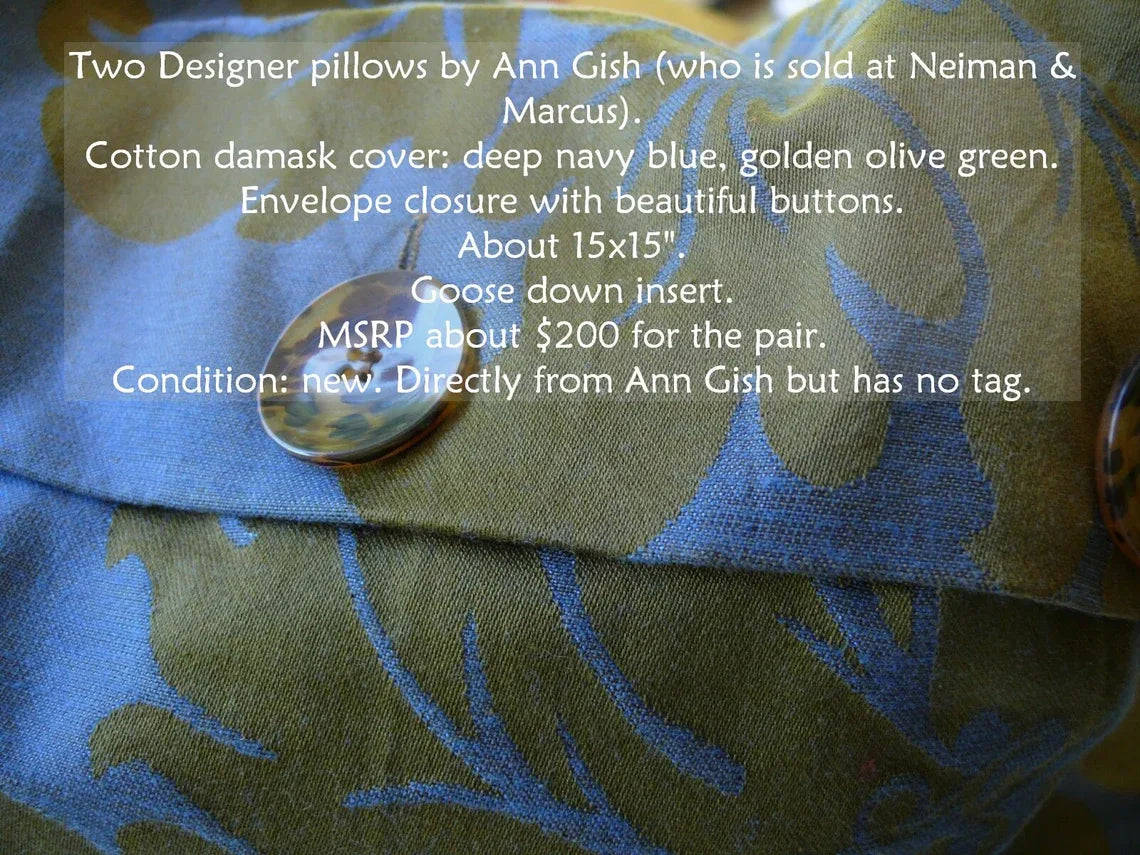 Ann Gish Designer 2 Pillows Damask Navy Blue Olive Gold 15X15" Goose Down MSRP400