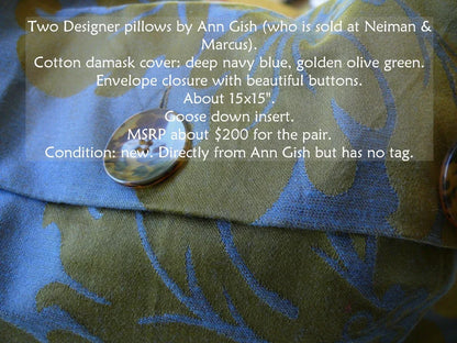 Ann Gish Designer 2 Pillows Damask Navy Blue Olive Gold 15X15" Goose Down MSRP400