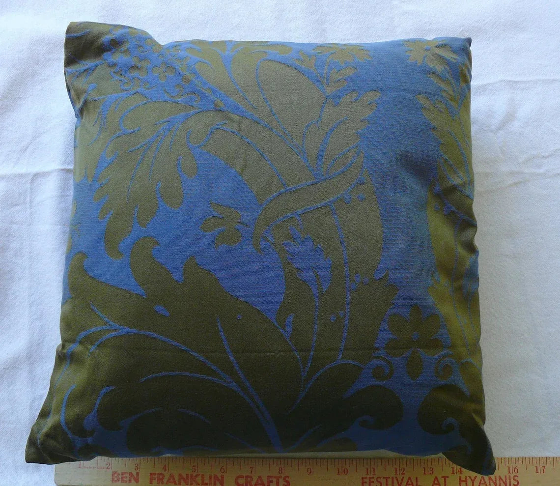Ann Gish Designer 2 Pillows Damask Navy Blue Olive Gold 15X15" Goose Down MSRP400