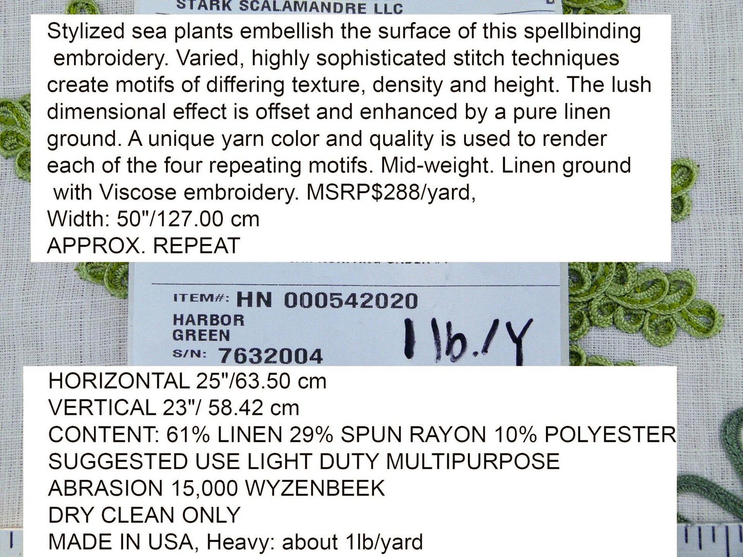 Scalamandre Harbor Green Seaweeds Ocean Plants Coral Reef Embroidery Linen MSRP USD 288