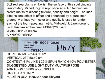 Scalamandre Harbor Green Seaweeds Ocean Plants Coral Reef Embroidery Linen MSRP USD 288