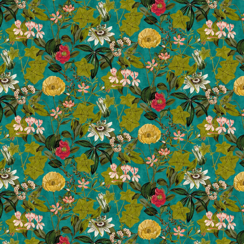 By Yard LEE JOFA KRAVET Passiflora Kingfisher Botanical Wildflowers Foliage Velvet Fabric Cyan Blue Multi