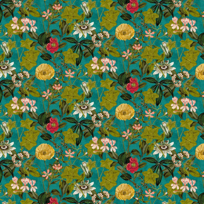 By Yard LEE JOFA KRAVET Passiflora Kingfisher Botanical Wildflowers Foliage Velvet Fabric Cyan Blue Multi