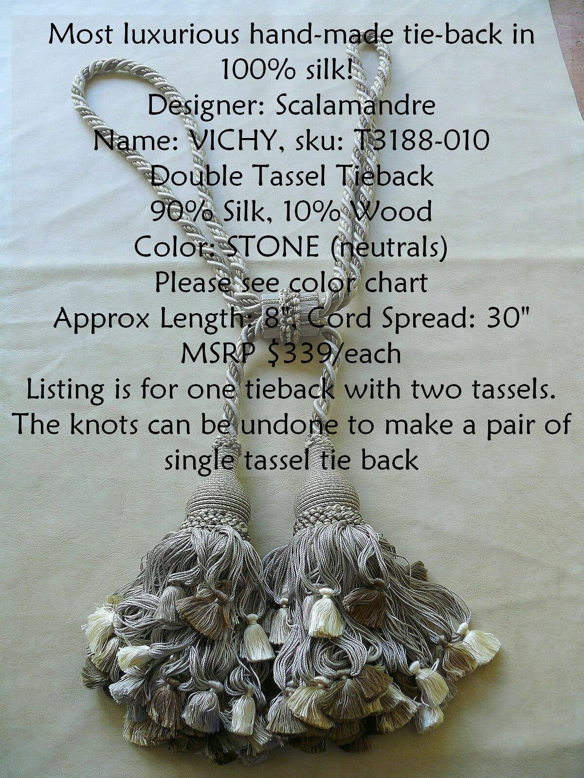 Scalamandre Vichy 100% Silk Double Tie Back "stone" Neutrals Msrp USD339