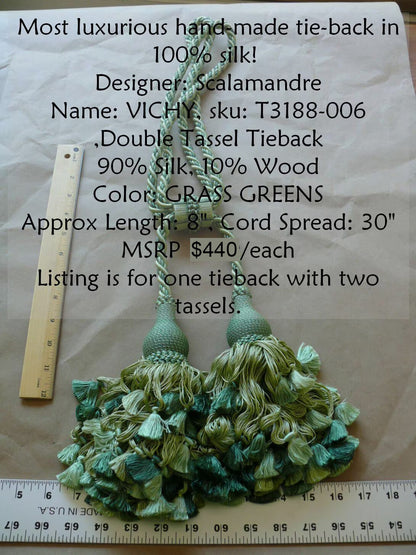 Scalamandre Vichy 100% Silk Double Tie Back Grass Greens Each MSRP USD440/each