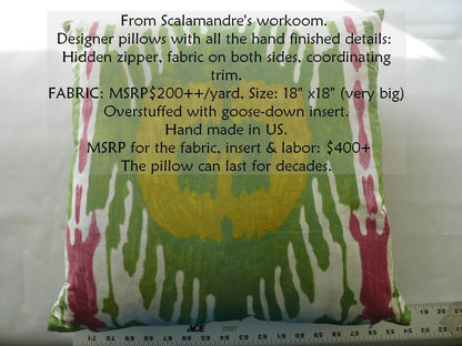 Scalamandre Designer Pillow 18x18" BIG! Ikat Green Pink Yellow