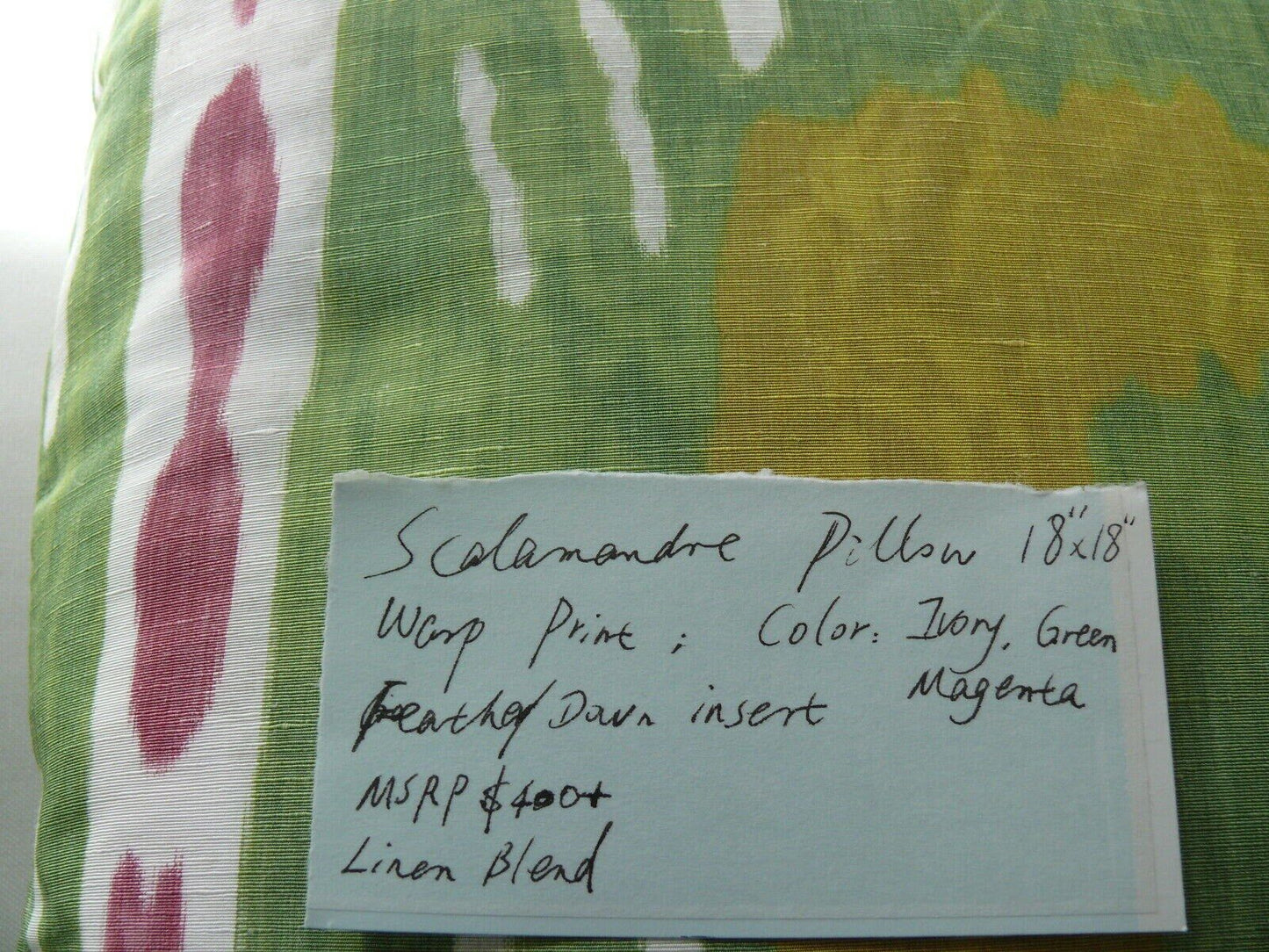 Scalamandre Designer Pillow 18x18" BIG! Ikat Green Pink Yellow