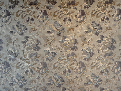 By yard 100% Silk Lampas French Pomegranate "whiskey" Blue Tan Gold Historical Design